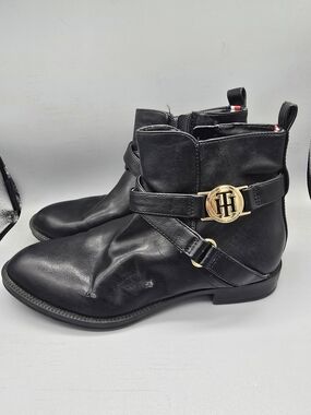 Tommy Hilfiger Women's Black Leather Ankle Harness Boots with Gold Emblem
